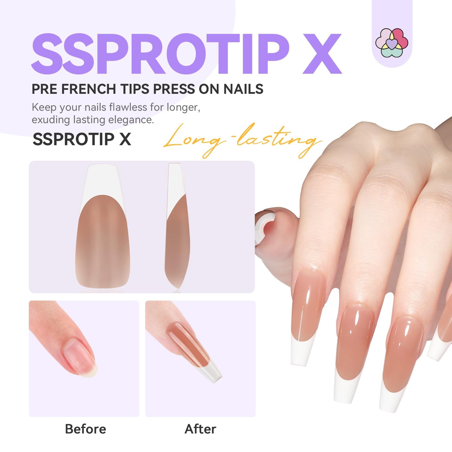 SAVILAND French Tip Press On Nails 160 Pcs: 4X Press On French Tip Nails Pre-Shaped Long Coffin Full Cover Gel Nail Tips Soft Matte Gel Nail Tips for DIY Nail Extensions Nail Art Gifts