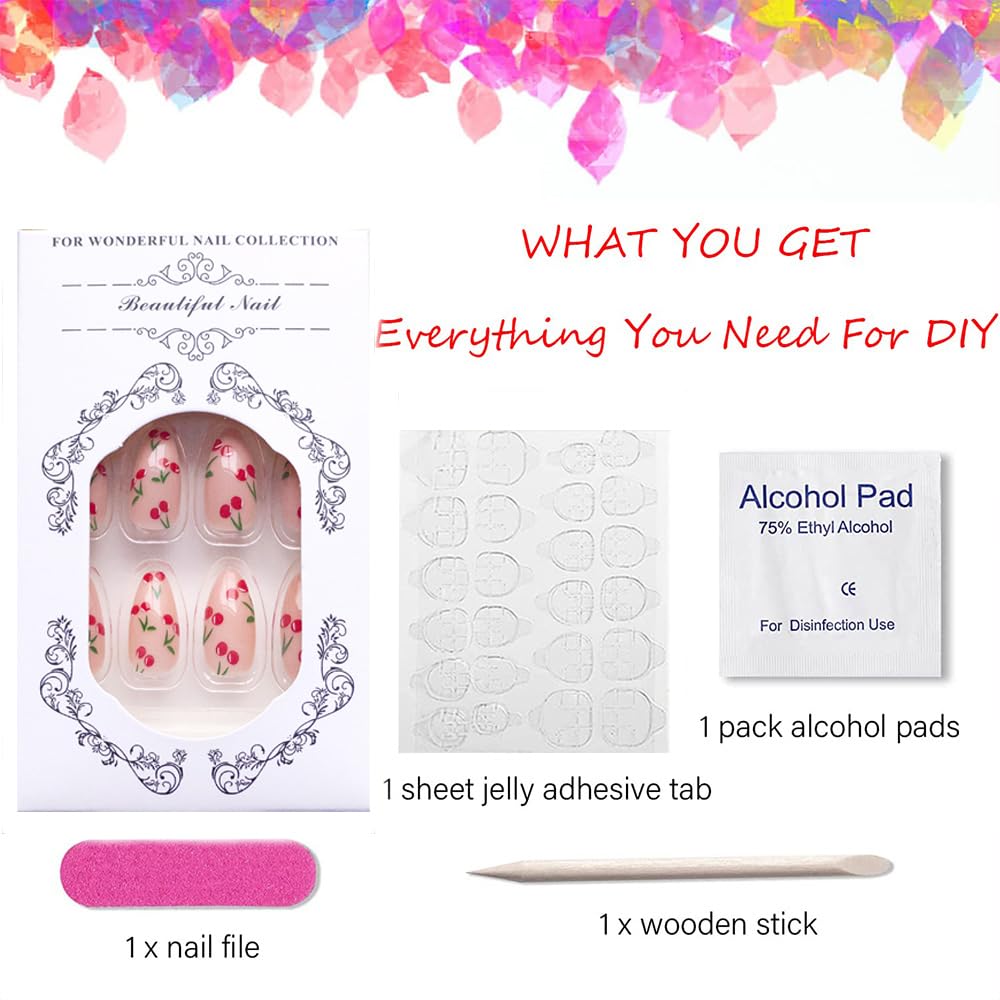 Cute Cherry Press on Nails Short Fake Nails Almond False Nails with Glossy Designs Nude Pink Acrylic Glue on Nail Reusable Holiday DIY Nail Art for Women Girls 24Pcs Stick on Nails
