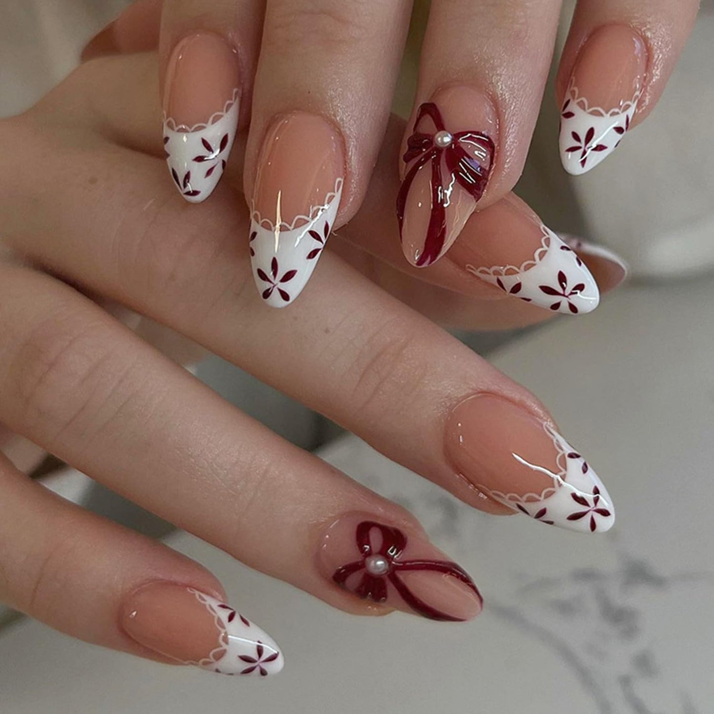 CJDLTS Flower Press on Nails Almond Shaped Artificial Acrylic French White False Nails 3D Floral Red Bow with Pearl Spring Glossy Design Medium Coffin Nail Artificial Fingernails for Women Manicure