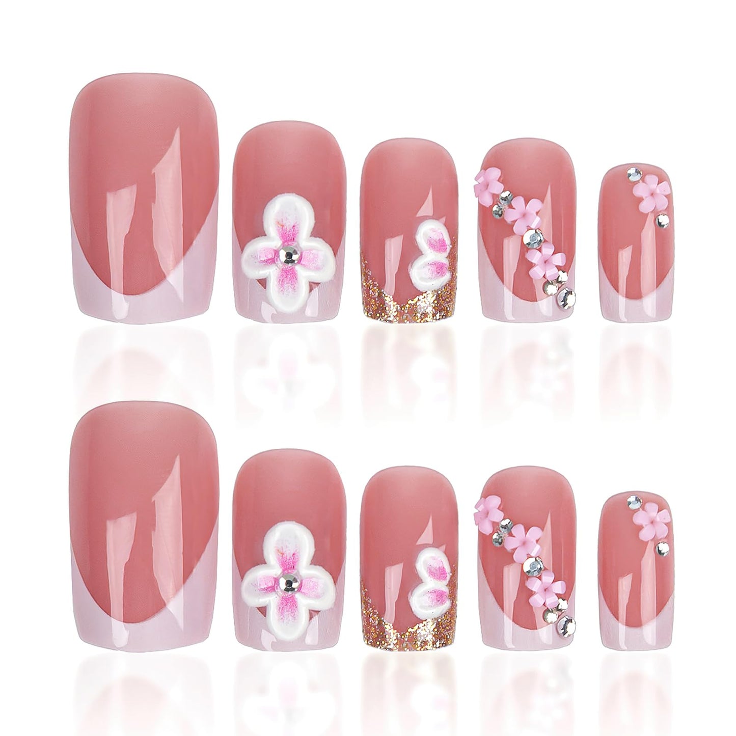 Jremg White French Tip Press on Nails Medium Square Fake Nails with Rhinestones Designs Cute 3D White Floral False Nails Glossy Gold Glitter French Full Cover Glue on Nails for Women Daily Wear 24Pcs
