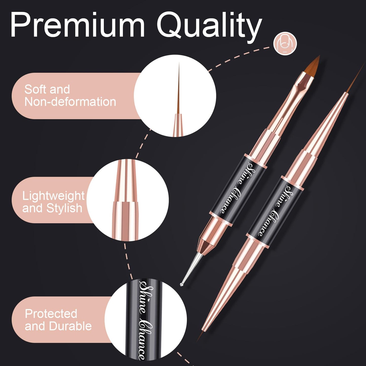 Shine Chance 9Pcs Nail Art Brushes Set, Professional Double-Ended Acrylic Liner Detail Brushes for Gel Polish Art Nail, 3D Art Nail Dotting Brush Pen for Manicure DIY Home Salon, Black