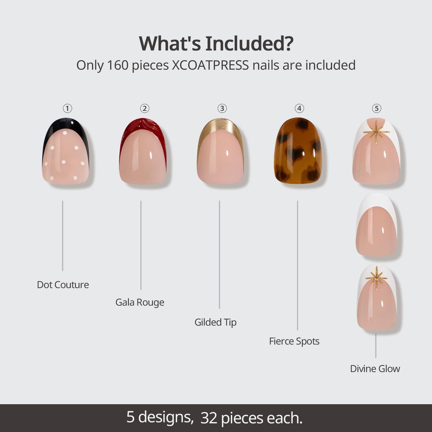 BTArtboxnails X LONGHAIRPRETTYNAILS Press On Nails - Whispers of Glamour, 5 Designs Mix Match Short Oval French Tip Press On Nails, 160 Pcs Salon Quality Soak Off Soft Gel Nail Tips in 16 Sizes