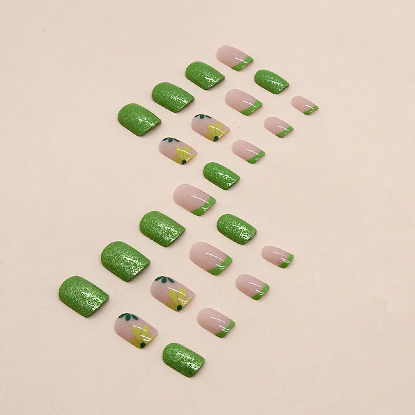 Vezocim Flower Press on Nails Oval Shapes, 24Pcs Green Short Artificial Fake Nails with Green Floral Designs, Full Cover Glossy Acrylic False Nails, Stick on Fingernails for Women Girls(W1097)