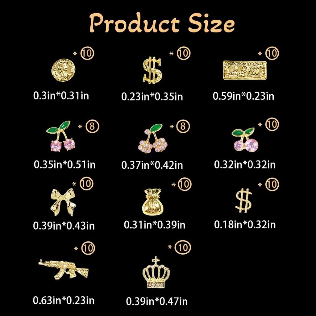 Pizadix 106Pcs Gold Pink Nail Art Charms, 3D Pink Cherry Money Bag Coin Gun Jewelry, Y2K Kawaii Luxury Designer Supplies for Nails
