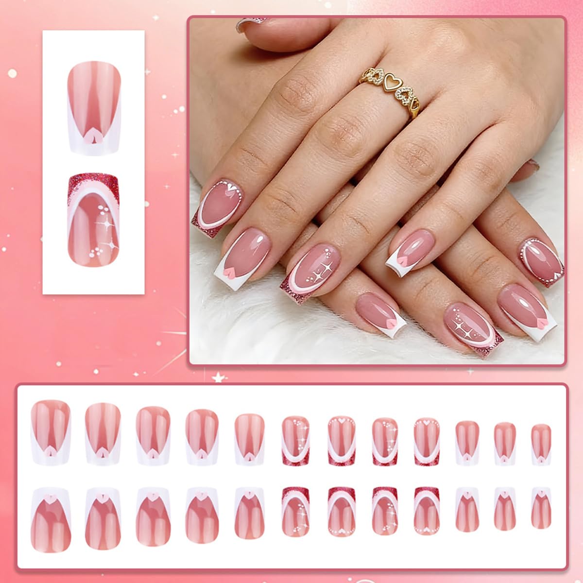 24Pcs Valentines Fake Nails Short Square Press on Nails with Pink Heart Designs Red White French Nail Press ons Glitter Glossy Full Cover Glue on Nails Reusable Heart Stick on Nail for Women Manicure