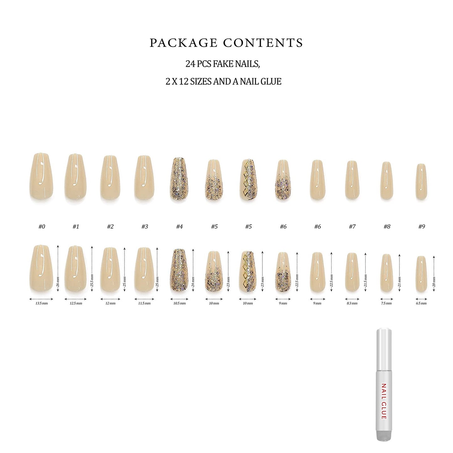 Hypnaughty Press On Nails - Vegas Gold and Nude Luxury Design with Ombre Glitter & Noir Black Matte Luxury Coffin, Trendy & Salon Quality Reusable Nails With Kit