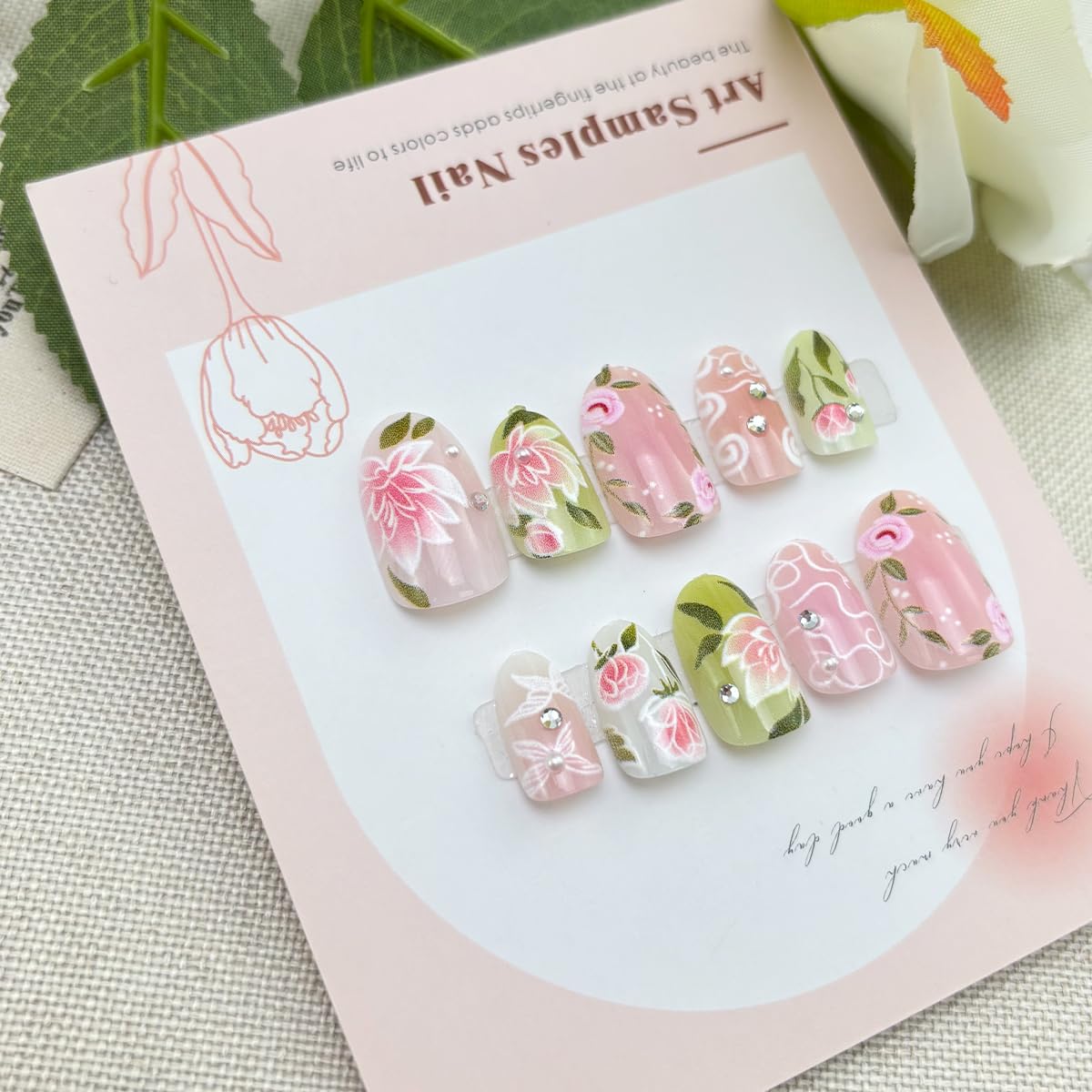 24Pcs Pink Flower Press on Nails Short Ellipse Spring Fake Nails with White Lines Butterfly Design Cute Acrylic Nails Green Leaf False Nails Rose Floral Glue on Nails for Women Spring Summer Manicure