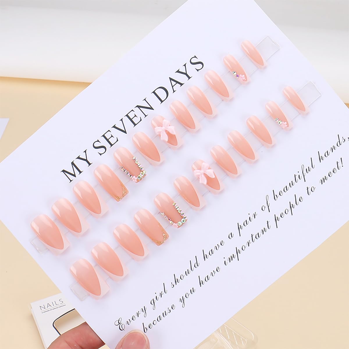 24pcs White French Tip Press on Nails Short Square Fake Nails Rhinestones Full Cover Tip Glitter Stick on Nails Pink Flower Designs Acrylic Glue on Nail Bow False Nails for Women DIY