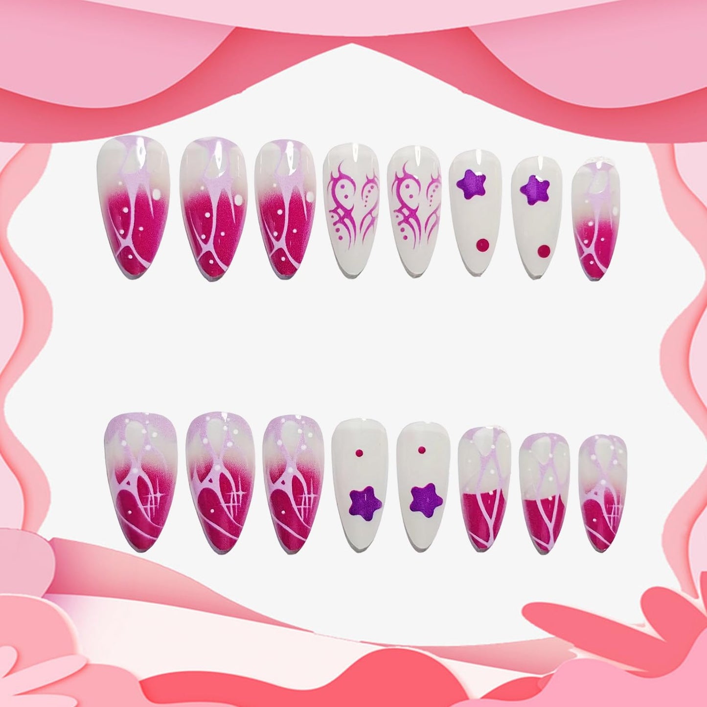 Valentines Press on Nails Medium Almond Artificial Acrylic French Fake Nails 3D Star with Irregular Love Coffin Nail Full Cover Glossy Heart Glue on Nail Artificial Fingernails Women Festival Manicure