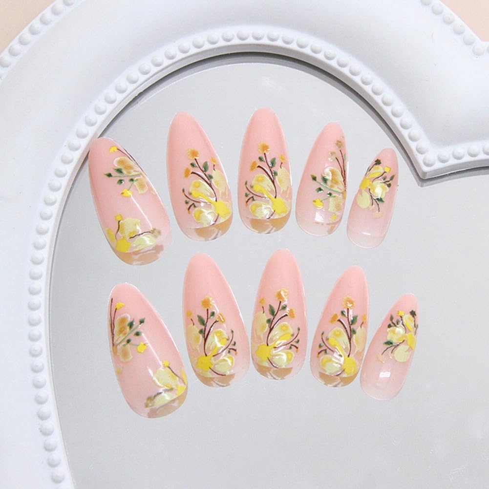24Pcs Medium Length Press on Nails French Almond Shaped With Floral Design And Acrylic Artificial False Nails Kit Full Cover Nude Glossy With Fake Nail Suitable Women and Girls