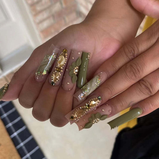 DANMANR Green Fake Acrylic Long Nails Square False Nails Full Cover Rhinestones Press on Nails for Women and Girls 24PCS
