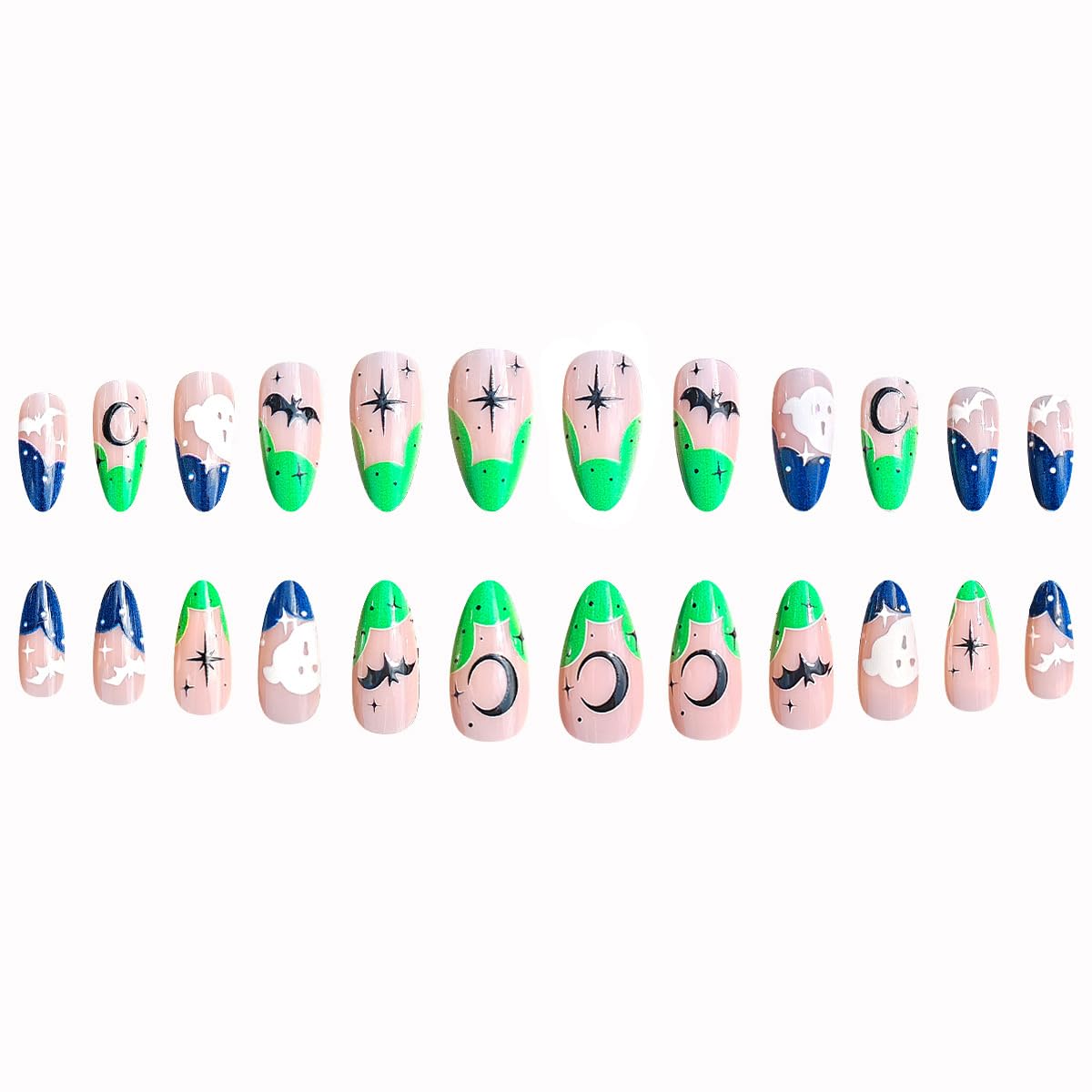 24Pcs Halloween Nails Ghost Bat Press on Nails Medium Almond Green French Tip Fake Nails with Star Designs Halloween Acrylic Nails Artificial Full Cover Glue on Nails Spooky Stick on Nail for Women
