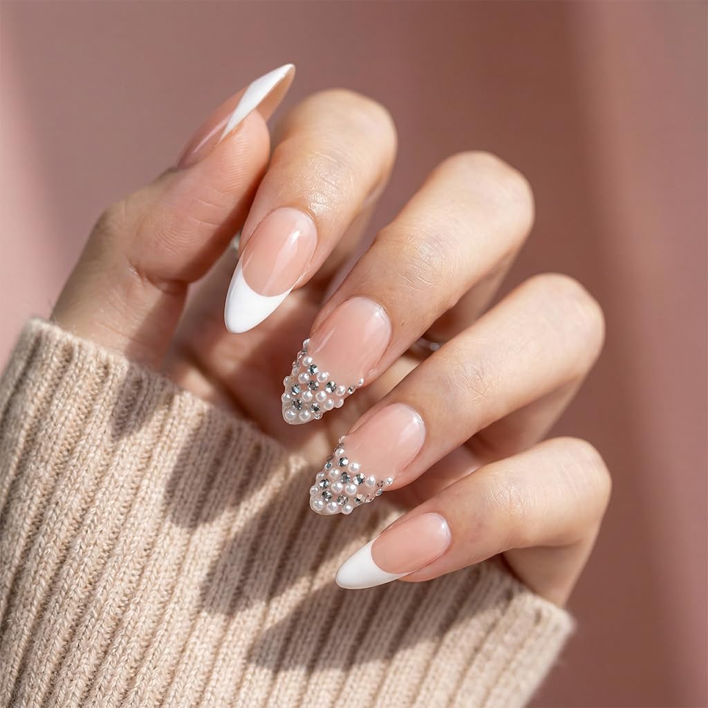 IntoVibes 10 Pieces Handmade Press On Nails Medium Almond, White Thickened French False Nails, Pearls And Rhinestone, Reusable Fake Nails Almond, Reusable Acrylic Nails (L)