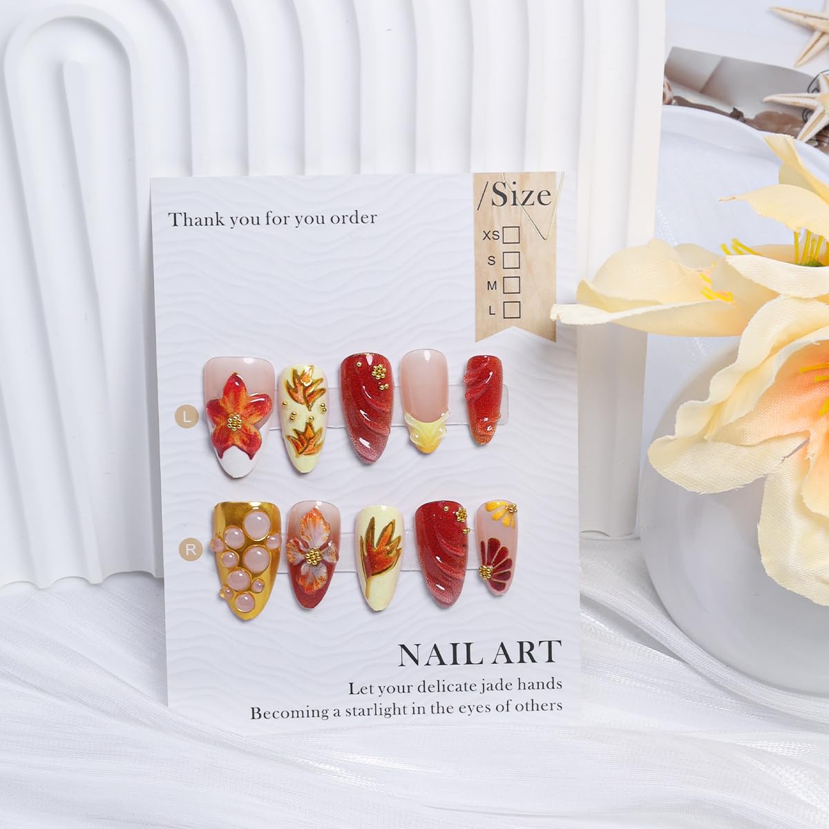 30Pcs 3D Fall Press on Nails Medium Almond Maple Leaf Fake Nails Handmade Acrylic Nails Autumn Flower Rhinestones Glue on Nail French Tip False Nails Thanksgiving Gold Leaves Artificial Nail Decor
