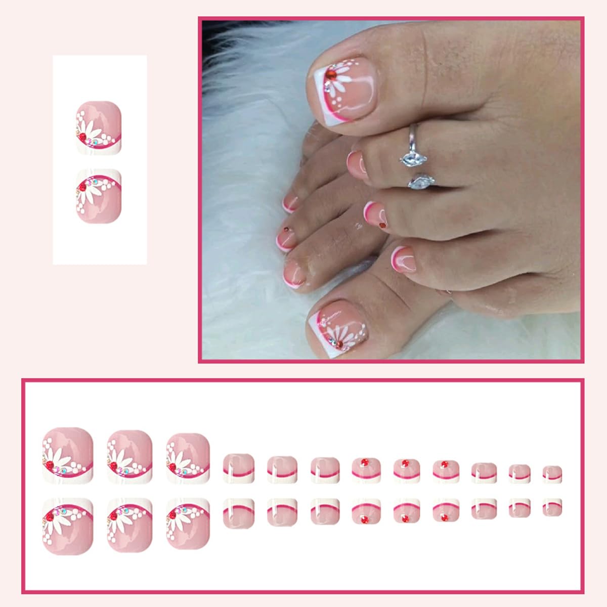 yefiuo Flowers Press on Toenails White Red French Toe Press on Nails Tips Kit Fake Toe Nails Press ons False Toenails Rhinestones Acrylic Glue on Nails Stick on Nails for Women Nail Supplies 24Pcs