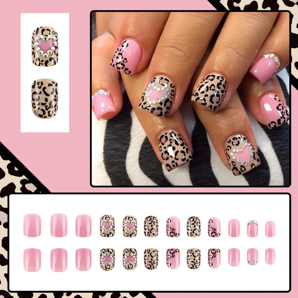 Press on Nails Short Square - Pink Fake Nails with Leopard Print Design - Heart Rhinestone Full Cover Stick on Winter False Nails for Women 24 Pcs