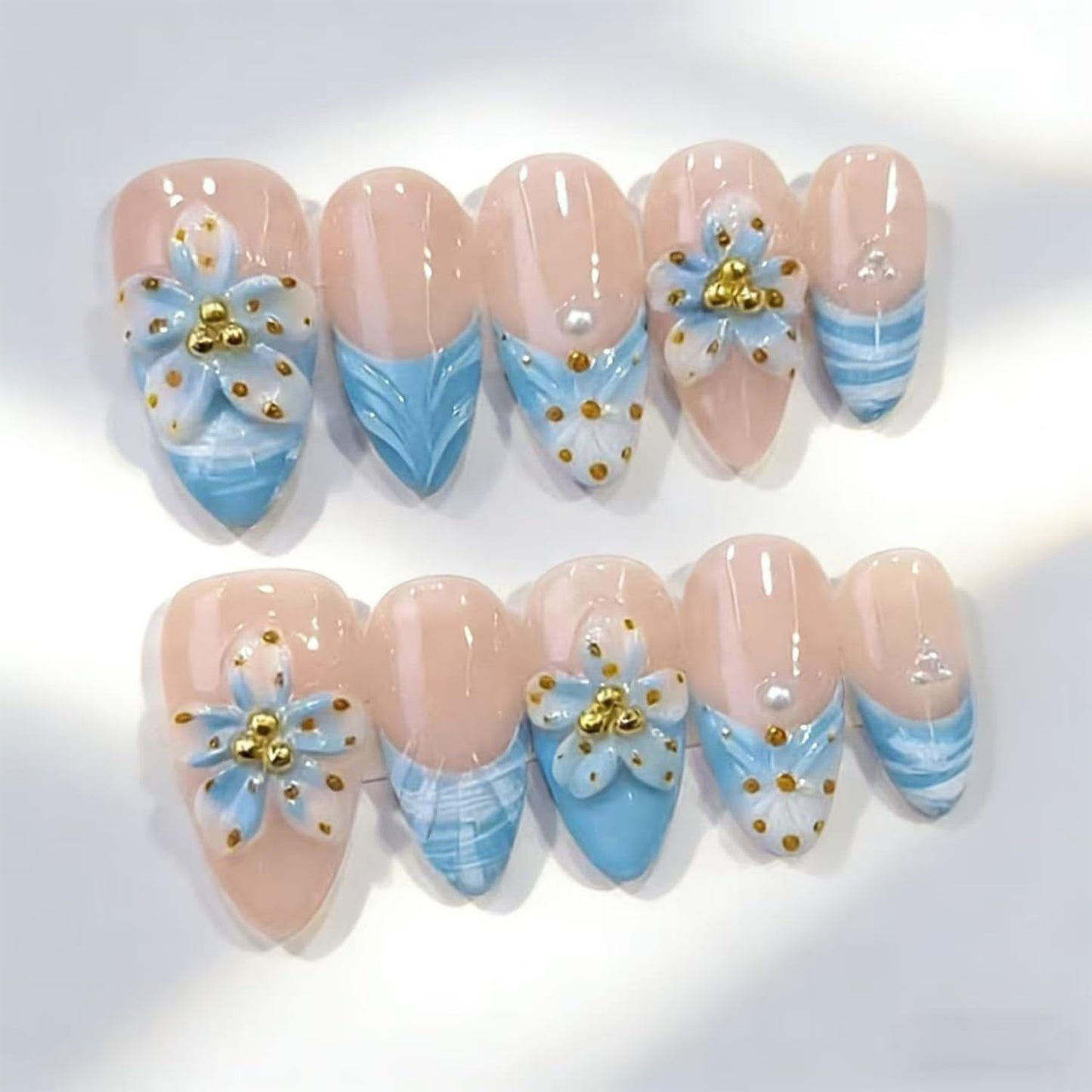 Handmade Press On Nails – Medium Almond False Nails for Women, Reusable Acrylic White French Tip with Flowers & 3D Pearl Design – Salon Quality Fake Nails 10Pcs(S)
