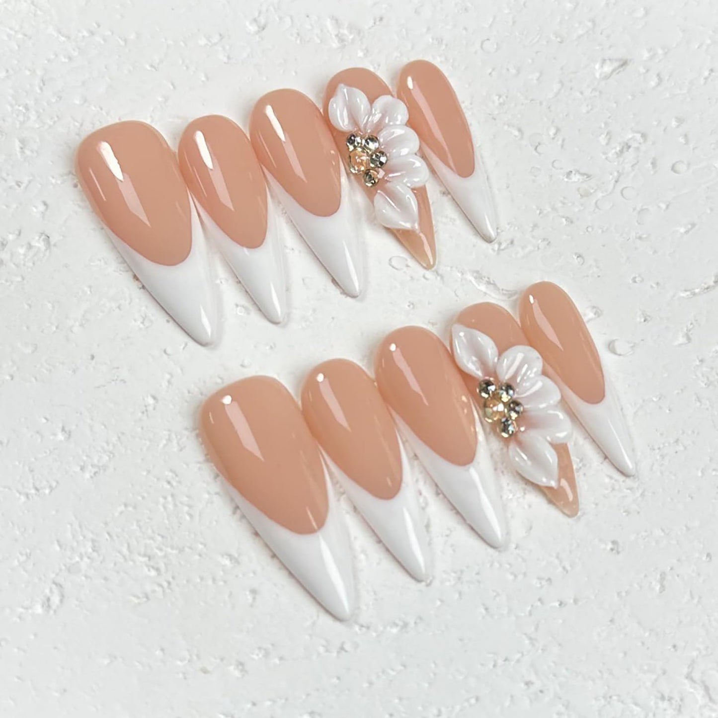 Luxury Press on Nails Long Stiletto Handmade 3D Unique Reusable ABS Material Fake Nails French Tip False Nails with Designs Rhinestones Floral Art Petal Glossy Glue on Nails Thick Acrylic Nails(S)