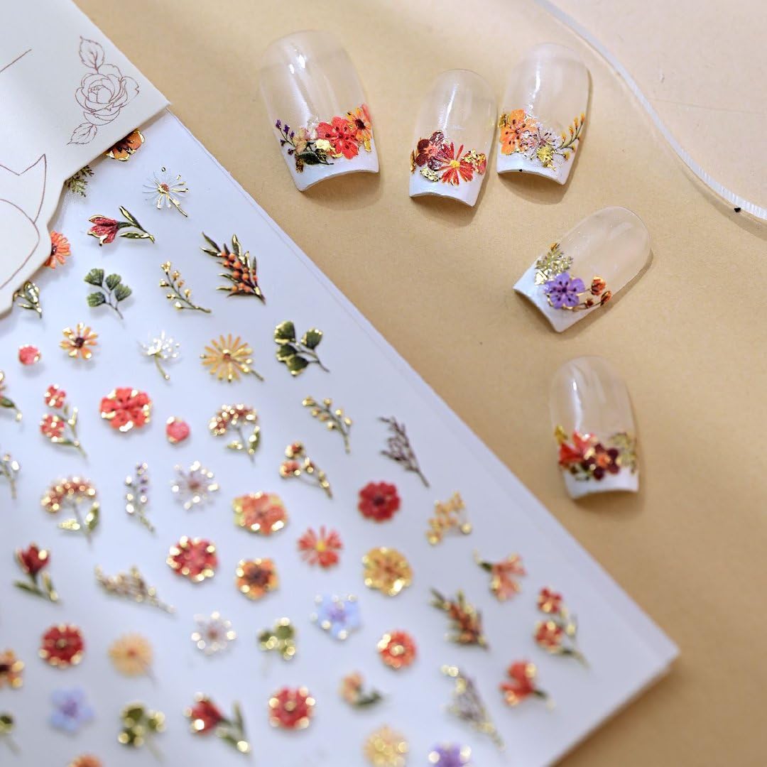 5D Embossed Flower Nail Art Stickers Decals Fall Nail Decals Self-Adhesive Autumn Floral Nail Supplies Nail Art Design for Women Girls Nail Decoration Accessories
