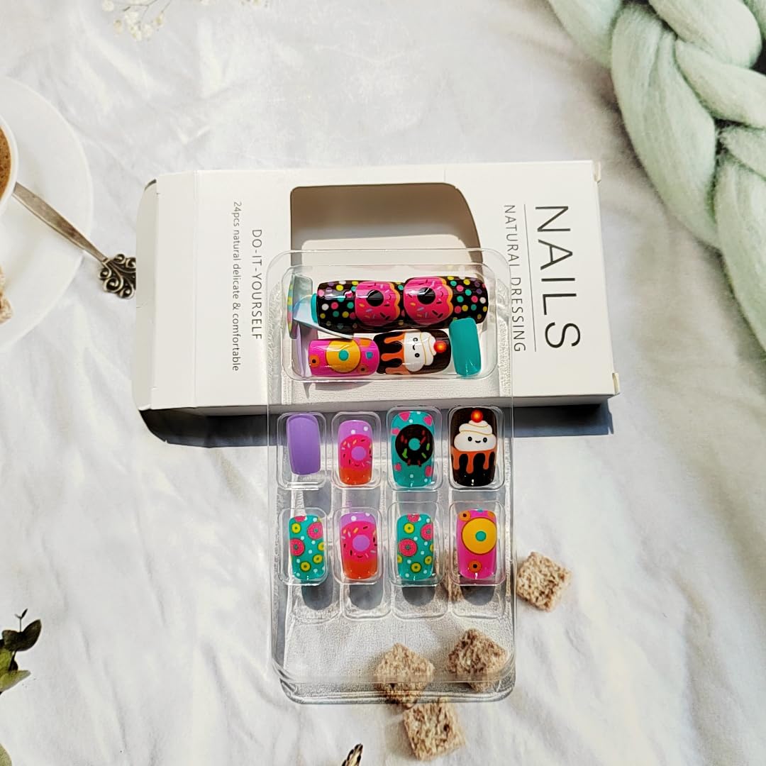 Cute Donut & Cupcake Themed Press on Nails Medium Coffin Shaped Fake Nails with Color Designs Square Press on False Nails Glossy Acrylic Nails Spring Summer Stick on Nail Art for Women Girls 24Pcs