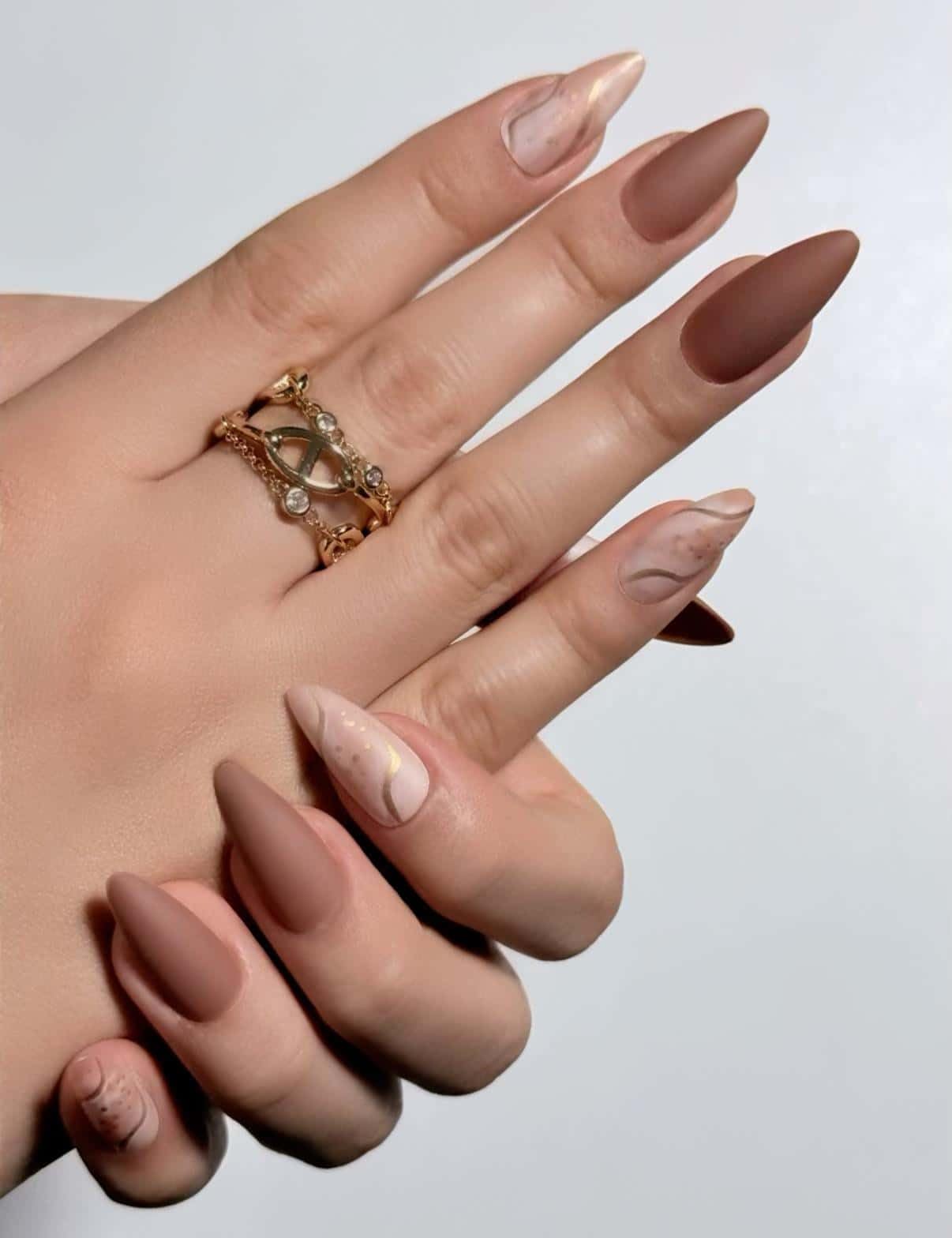 Mother's Day Nails Brown Glazed Chocolate Press on Nails, short almond, gold line french, Matte Marble with gold line, Perfect for Winter and Daily Wear, 24pcs Reusable, Nailinism