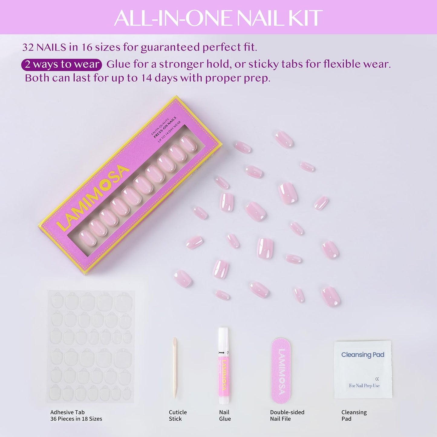 LAMIMOSA 32Pcs Pink Press On Nails Short Square - Soft Gel Fake Nails in 16 Sizes, Chrome Glue on Nails kit, Glazed Stick on Nails, Spring Nails, PINK GLAZE