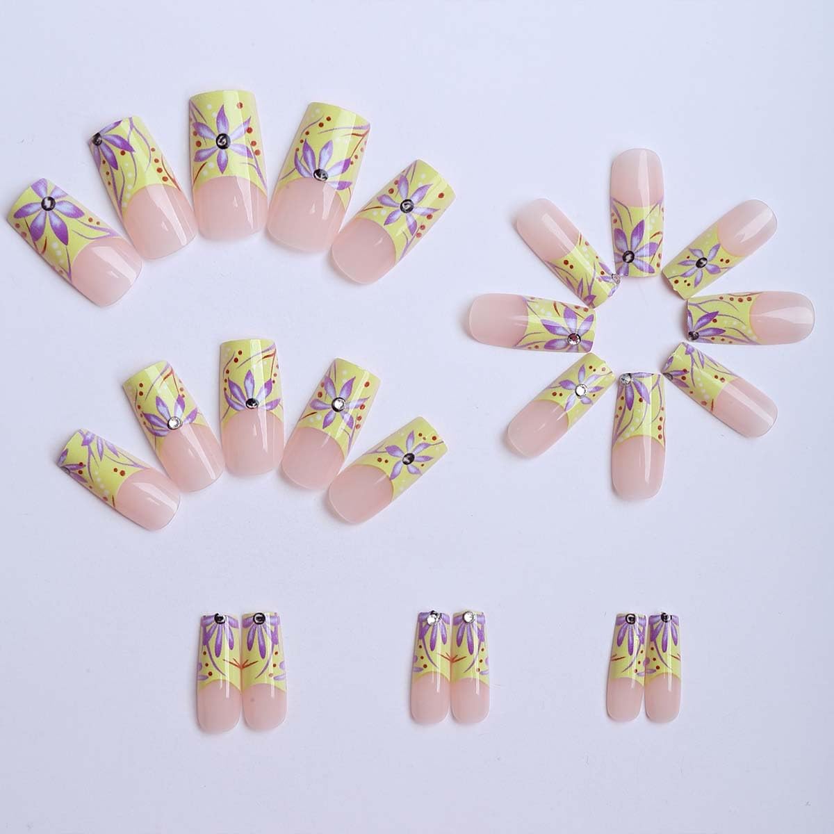 plalely Square Press on Nails Medium Yellow Fake Nail Purple Flowers Acrylic Nail Press ons Sparkly Rhinestones Stick on Nail for Women 24pcs