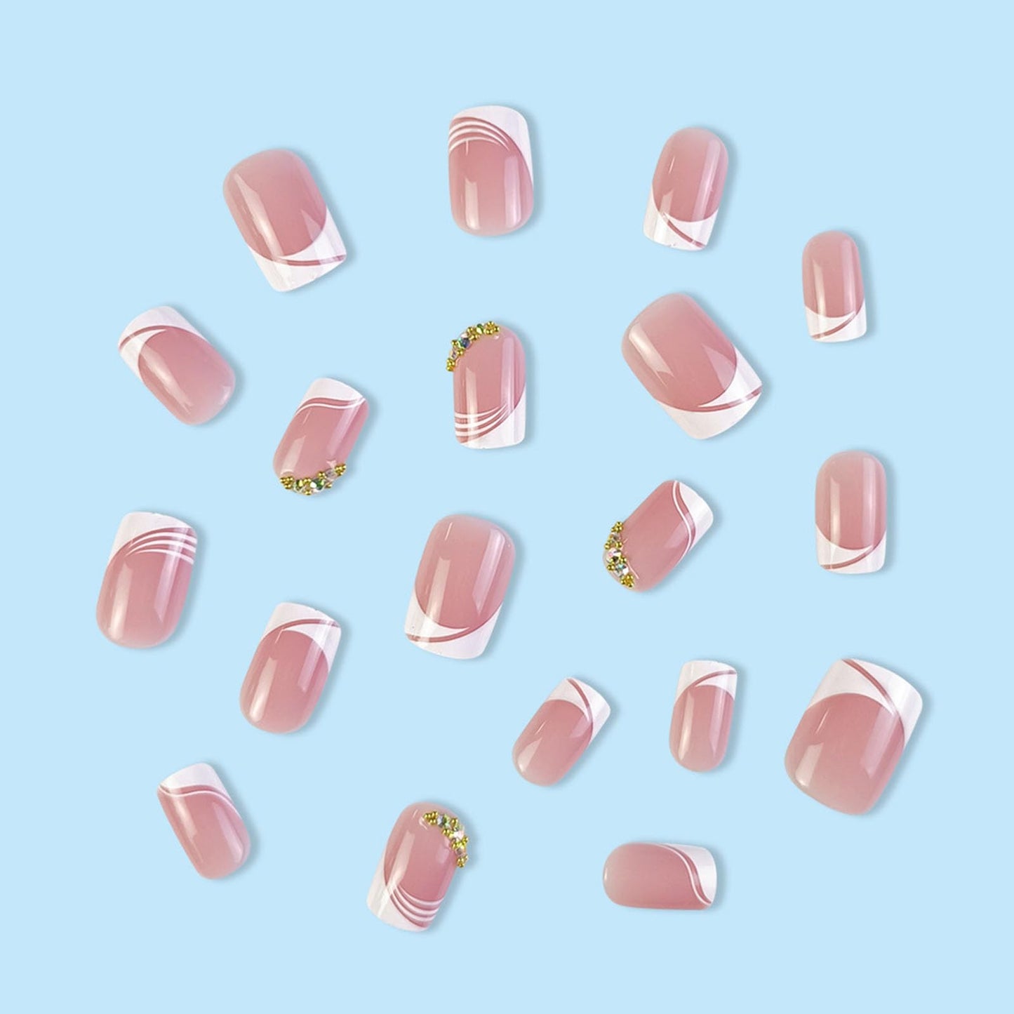 Square Press on Nails Short Fake Nails with Rhinestones Designs White French Tip Nails Press ons Glossy Glue on Nails Pink Full Cover Stick on Nails for Women 24Pcs
