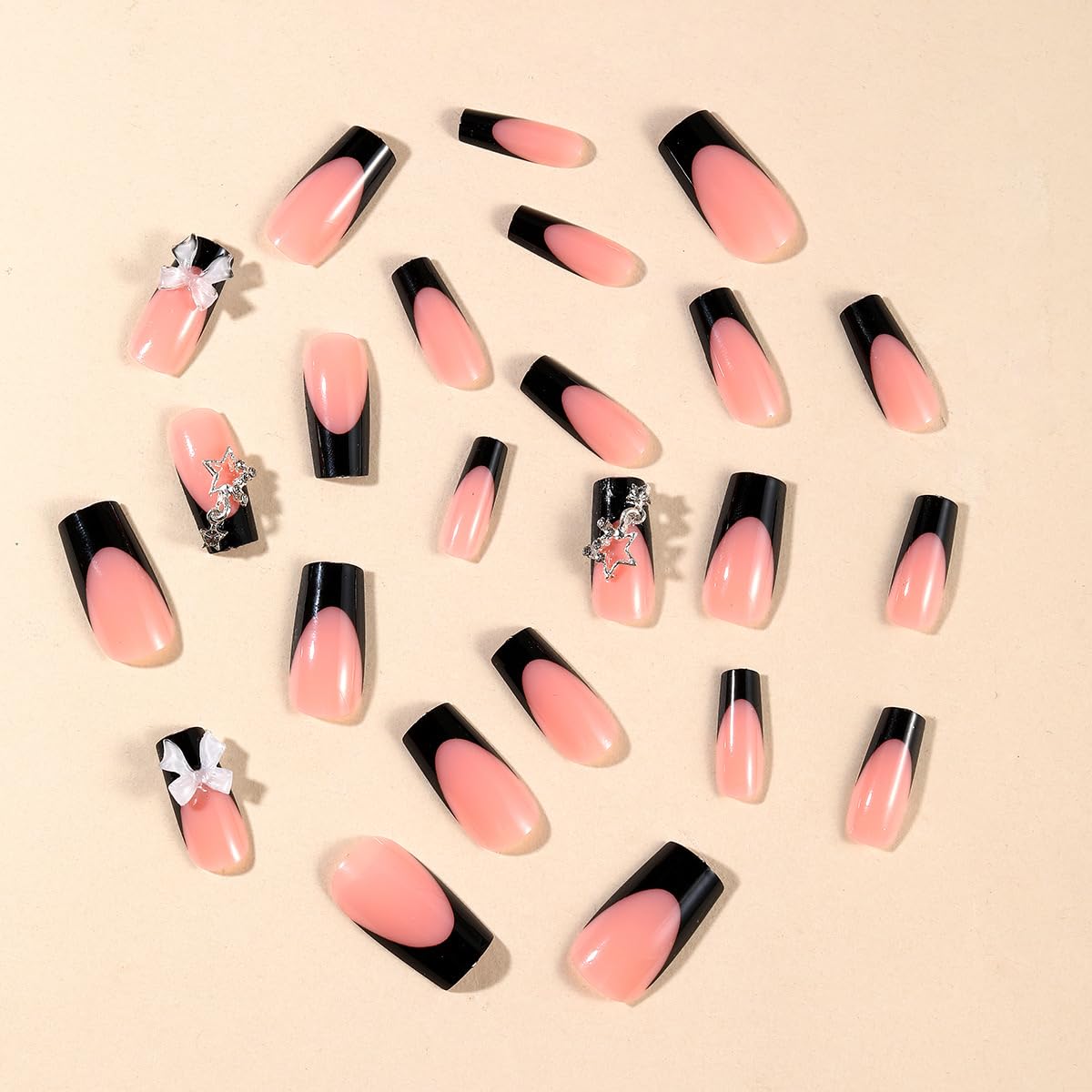 Medium Press on Nails Coffin Fake Nails Black French Tip False Nails with Bow Star Charms Design Glue on Nails Glossy Full Cover Stick on Nails Elegant Acrylic Nails Press ons for Women Manicure 24Pcs