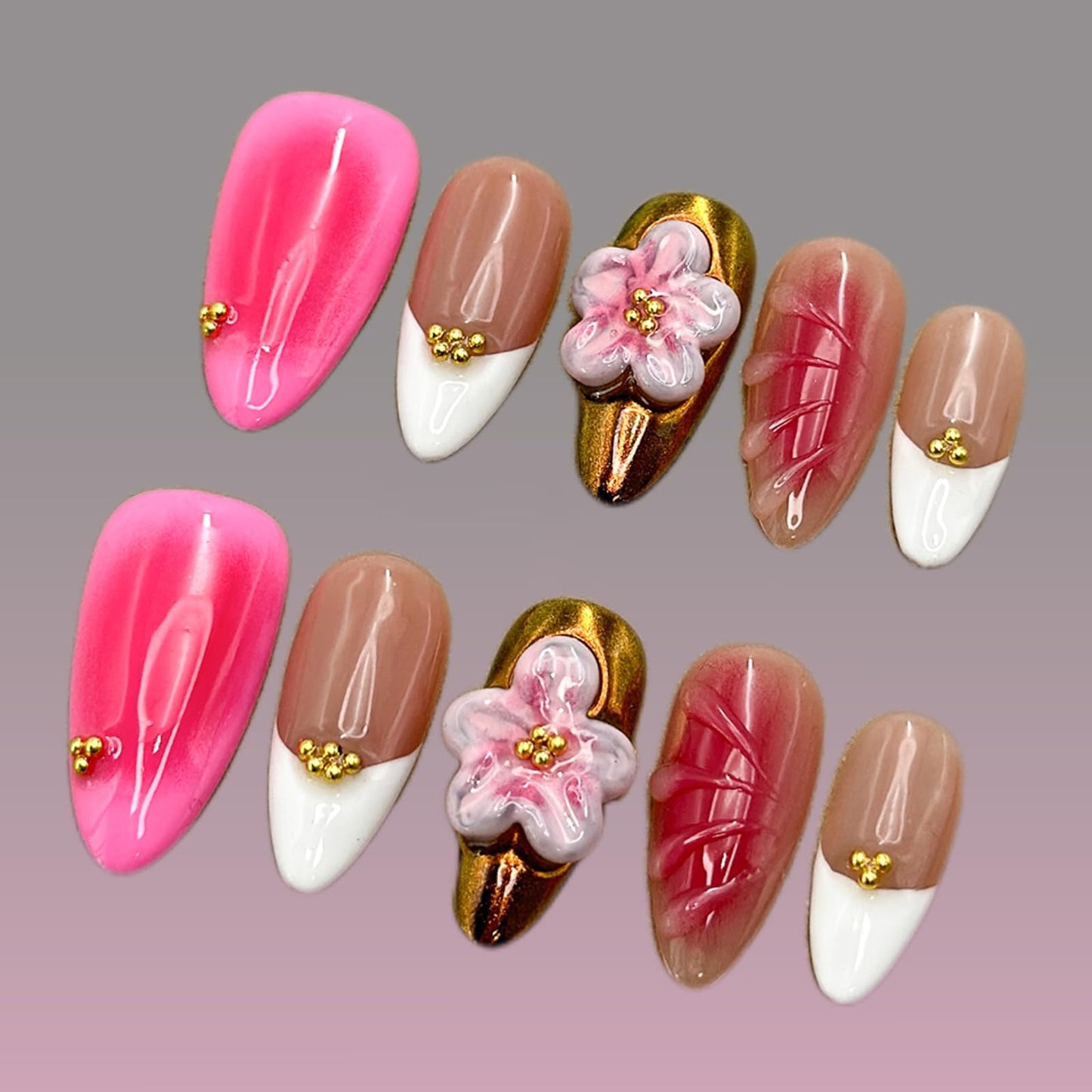Luxury Press on Nails Medium Almond Handmade 3D Unique Reusable ABS Material Fake Nails White French Tip False Nails with Designs Pink Flower Art Petal Glossy Glue on Nails Thick Acrylic Nails(S)