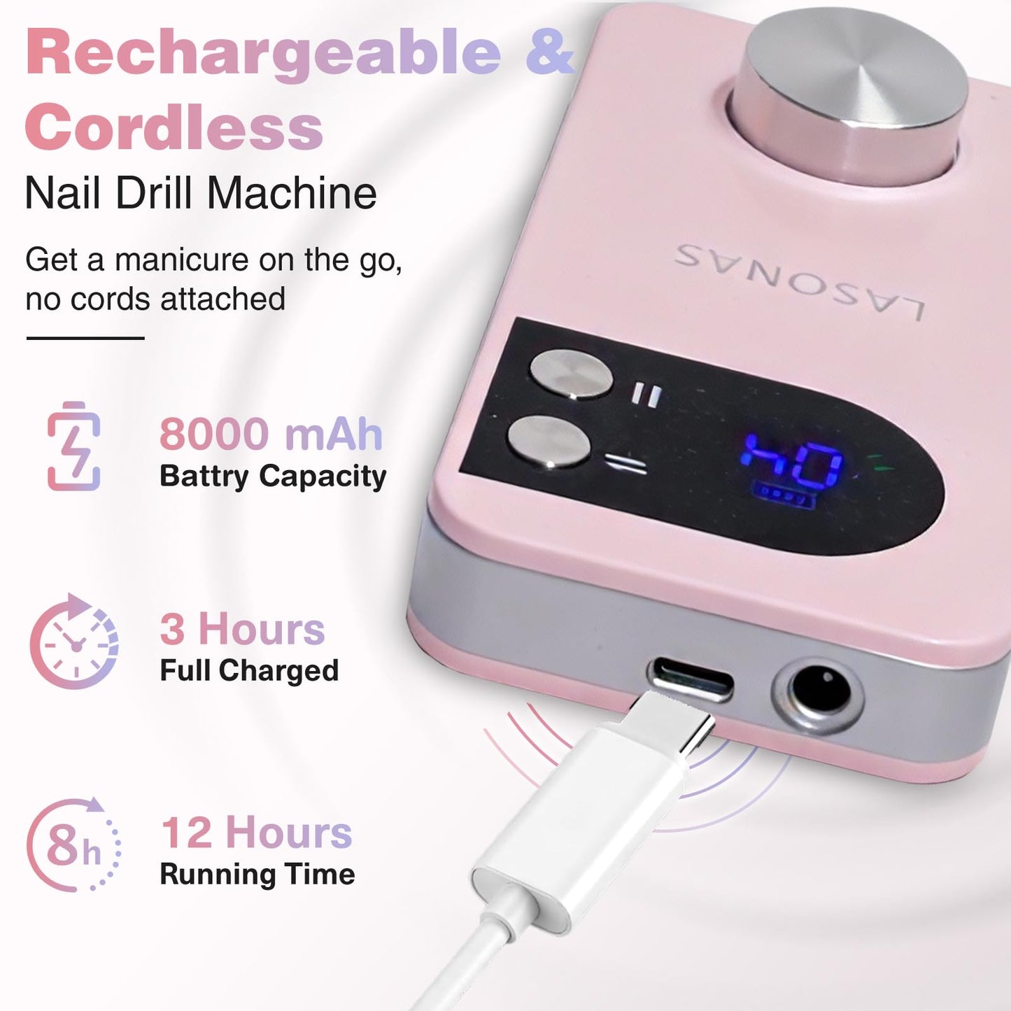 Electric Nail Drill Machine Professional, 40000 RPM Cordless Nail File Low Noise, Portable Rechargeable Nail Drill with Bits Kit for Acrylic Gel Nails Manicure & Removal