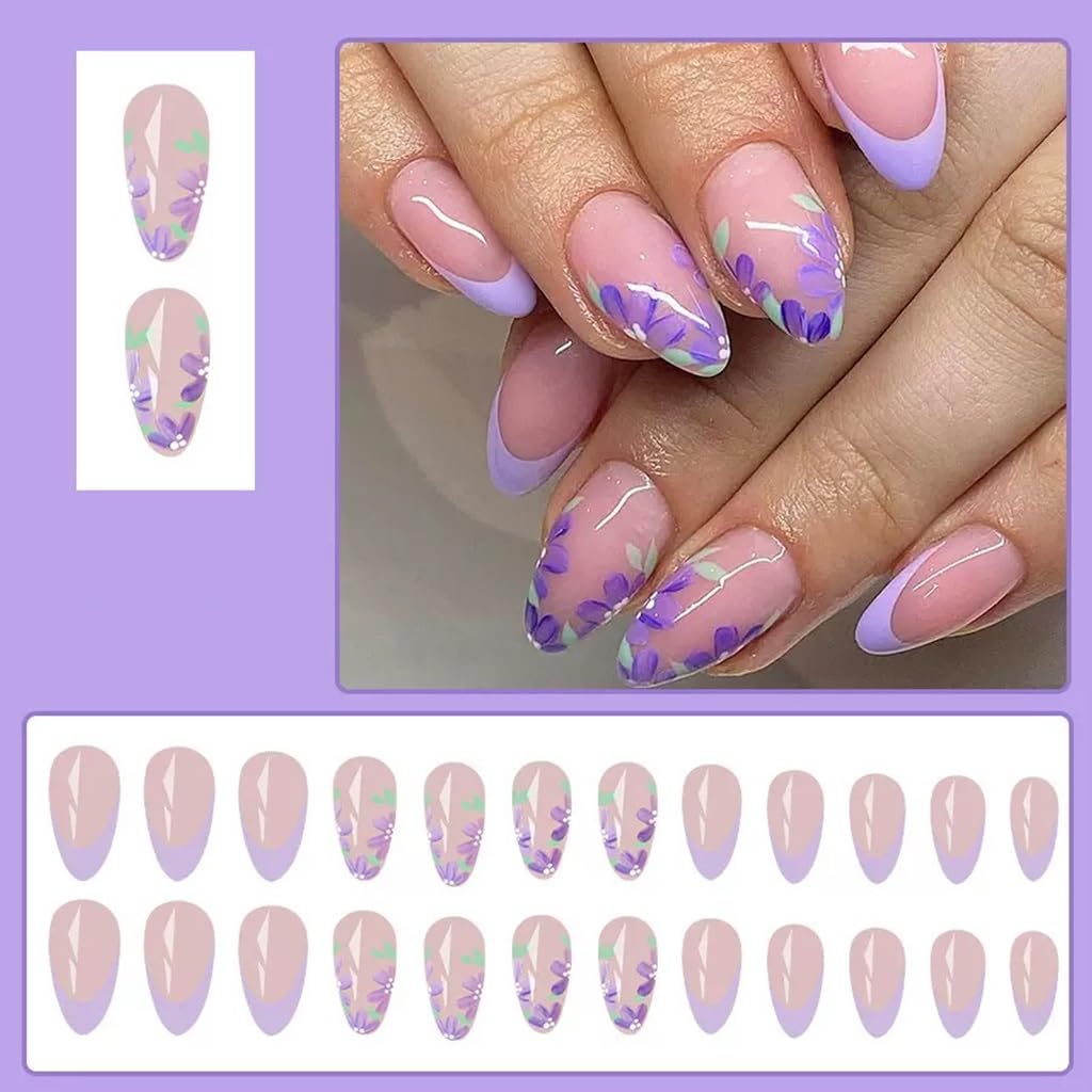 CTTHNBD Short Press on Nails Almond - Purple Fake Nails with Flower Design - Spring, French Tip False Nails - for Women 24 Pcs