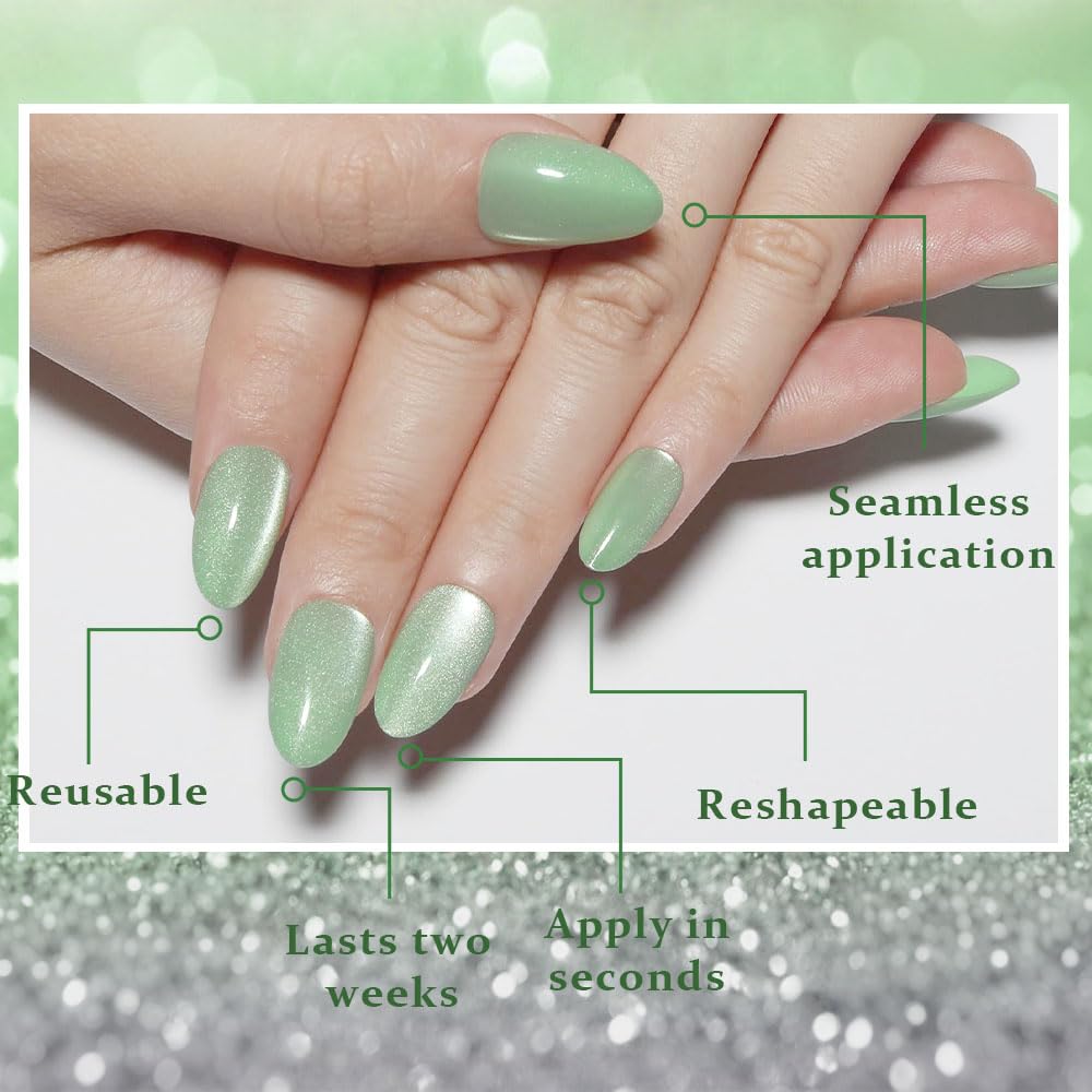 evpct Light Green Cat Eye Press on Nails Short Almond, Petite Short Almond Stick on Nails for Women Gift, Light Green Holographic Glossy Fake Nail Reusable, Soft Press on Acrylic Nail with Designs