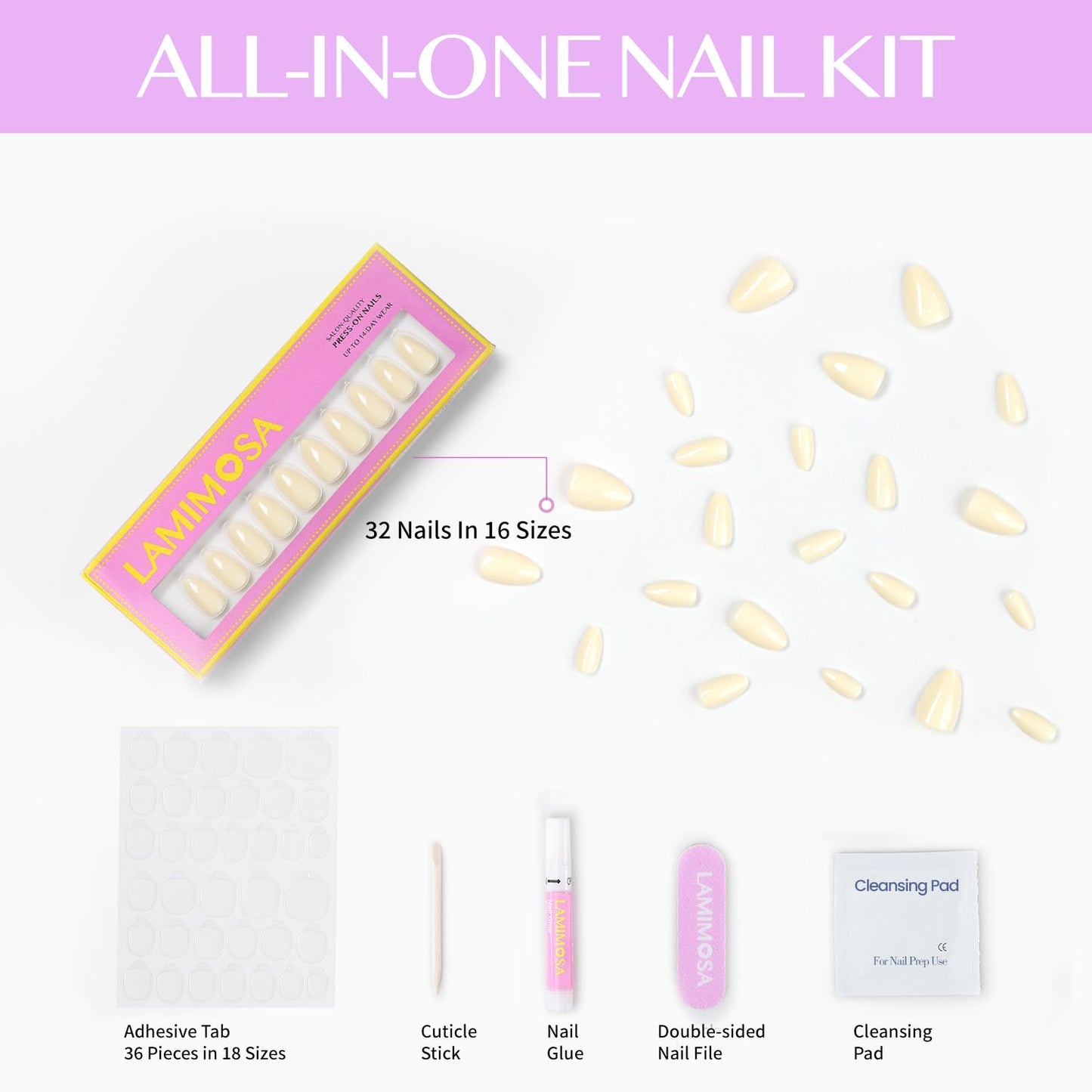 LAMIMOSA 32Pcs Butter Yellow Press On Nails Short Almond – Soft Gel Solid Color Fake Nails in 16 Sizes, Yellow Glue on Nail kit, Spring Nails, BUTTERCUP