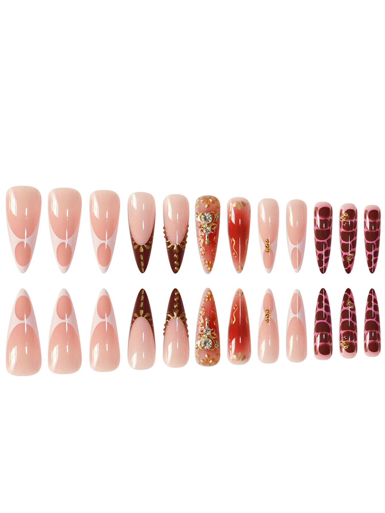 SEENEEY Almond Press on Nails Long Fake Nails French Red Artificial Nail with Rhinestones Designs Gold Charm Stick on Nail for Women 24pcs
