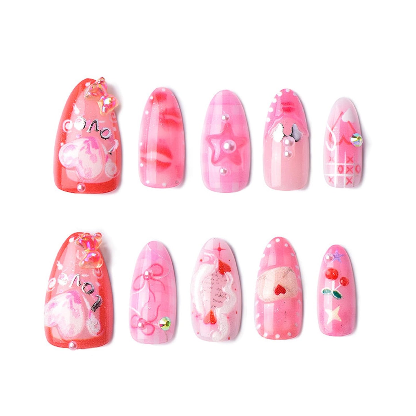 30Pcs Pink Valentine's Press on Nails Almond Nail Art,Beautiful Fake Nails Set French Pointed Nails Cute Bear Sexy Red Lips Rose Pearl Pressed Nails,Love Fully Covered Romantic Nail Decor DIY Manicure