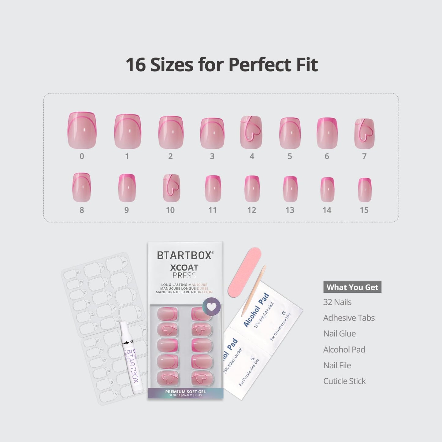 BTArtbox French Tip Press On Nails - A Little Romance, Lamp-Curable 4-Week Wear Hot Pink Short Square Press On Nails with Glue and Adhesive Tabs, Easy-to-Apply in 16 Sizes - 32 Nails All-in-One Kit