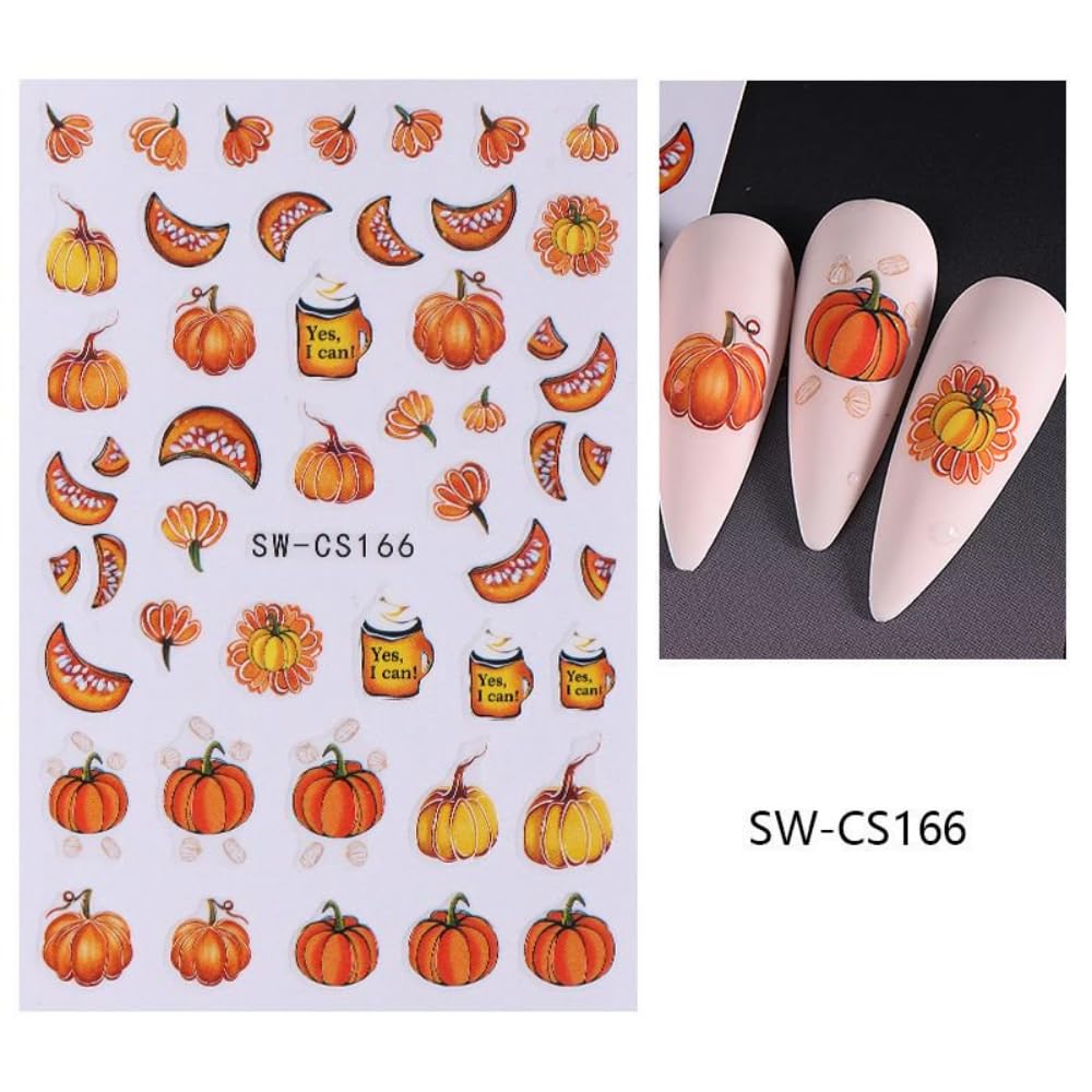 Fall Nail Stickers Pumpkin Maple Leaves Nail Art Stickers 3D Self Adhesive Orange Yellow Leaf Nail Art Supplies Autumn Nail Design Flower Nail Decals for Women 6 Sheets