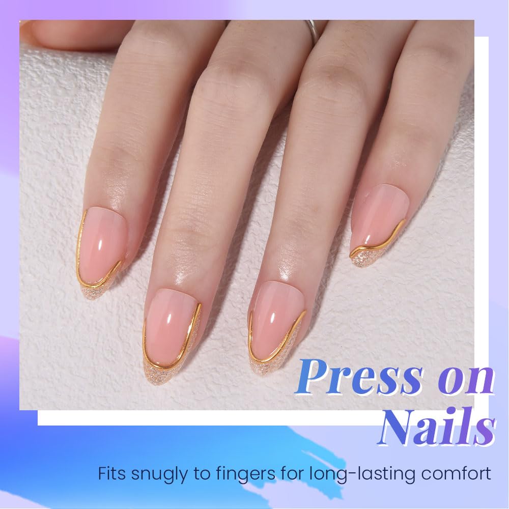 evpct French Tip Press On Nails Short Almond, Nude Pink + Gold Line & Gold Glitter Tips, Short Almond Fake False Press on Nails, Reusable Gel Stick on nail Press ons with Nail Kit, Salon Quality