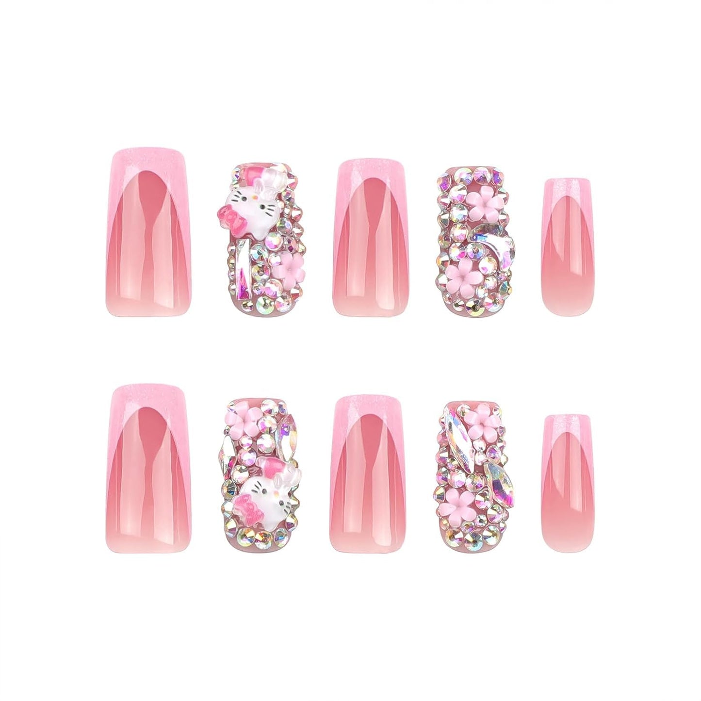 24Pcs Glitter Pink French Tip Press on Nails Medium Length Square Fake Nails with 3D Rhinestones Flower Cute Cat Full Cover Coffin False Nail with Charms Designs Acrylic Nail for Women