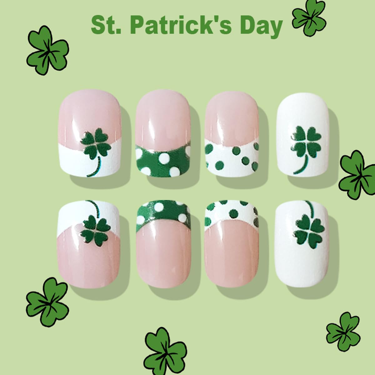 24Pcs St. Patrick's Day Press on Nails Short Square Polka Dots French Fake Nails with Four-Leaf Clover Designs White Nails Press ons Glossy Full Cover Nude Glue on Nails Stick on Nails for Women