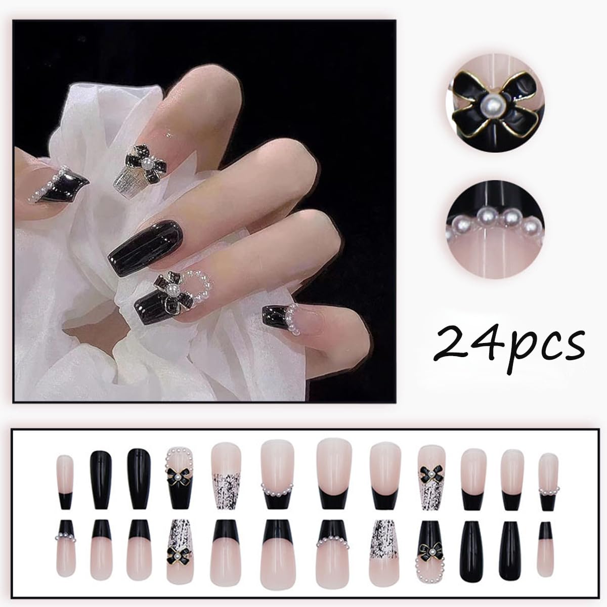YKZFUI 24Pcs Press on Nails Medium Length Fake Nails with Black Bow Pearl Designs,Artificial Acrylic Full Cover Reusable Coffin False Nails, Women Glue on Nails Set,Stick on Nails for Nail Art