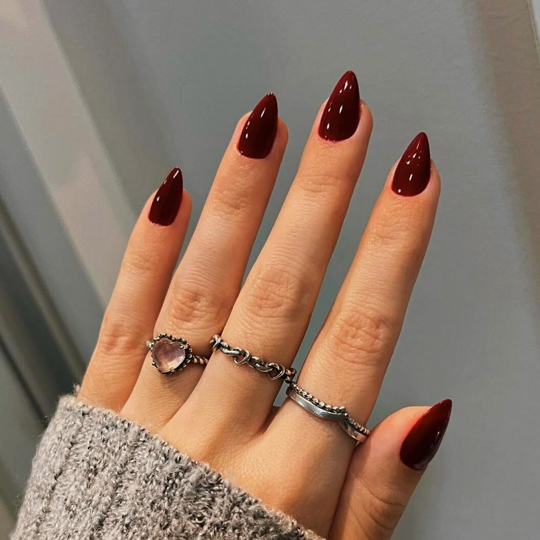KQueenest Dark Red Press on Nails Short Almond, 30 Pcs Fake Nails Short Stiletto, Burgundy Maroon Acrylic Nails Press on, Natural Fit, Reusable Soft Gel Stick on Nails For Women