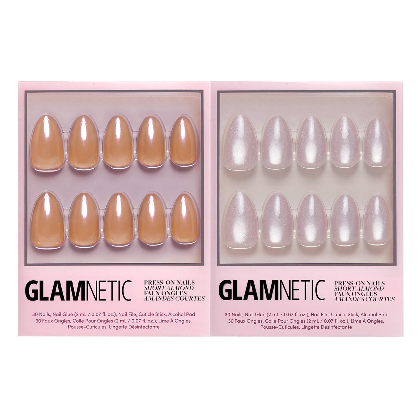 Glamnetic Press-On Nails Bundle - Maple Glaze & Selenite | Short Almond Nude Brown Neutral Nails with Glaze Finish | Soft White Sparkle Short Almond Fake Nails | Reusable, Salon-Quality Nail Kits