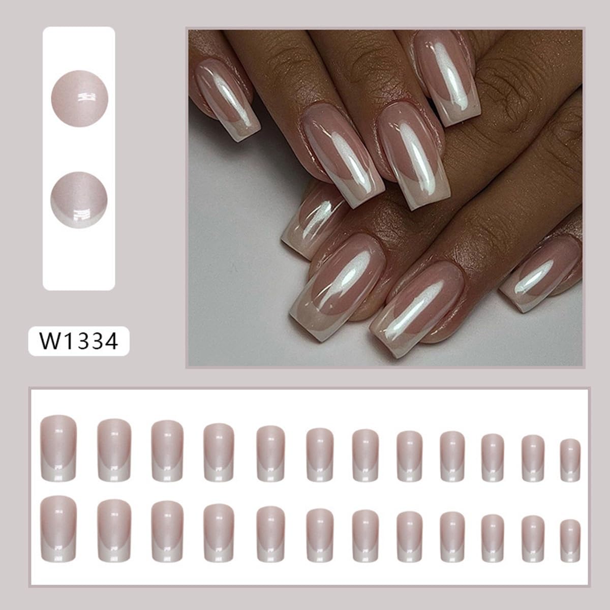 White French Tip Press on Nails - Medium Square Fake Nails with Chrome Design - Glossy Full Cover Stick on False Nails - for Women 24 Pcs