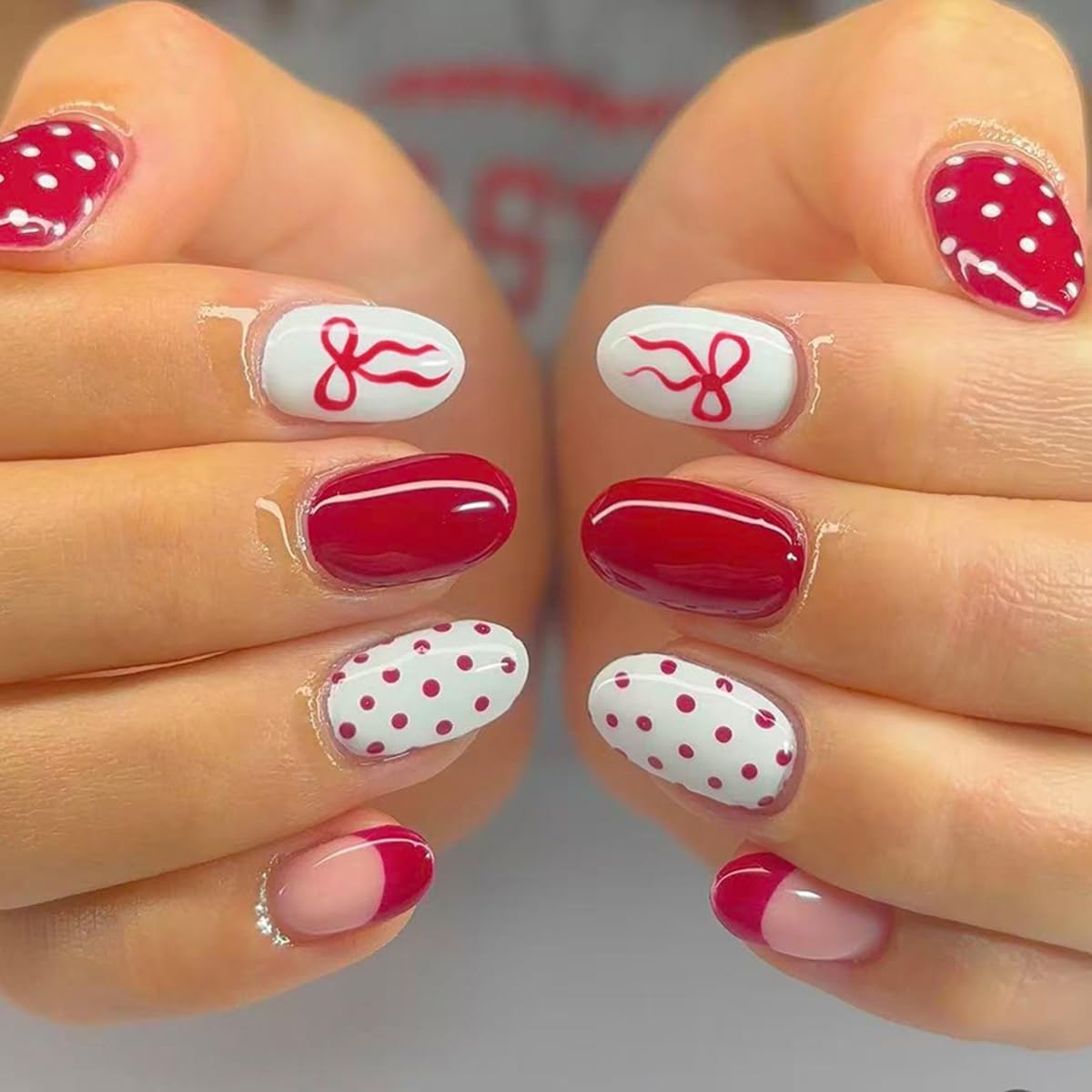 24Pcs Valentines Press on Nails Short Oval Fake Nails Red French False Nail Tip Kit with Bow Polka Dots Designs Sparkly Glossy Nude Glue on Nails Full Cover Acrylic Red White Stick on Nail for Women