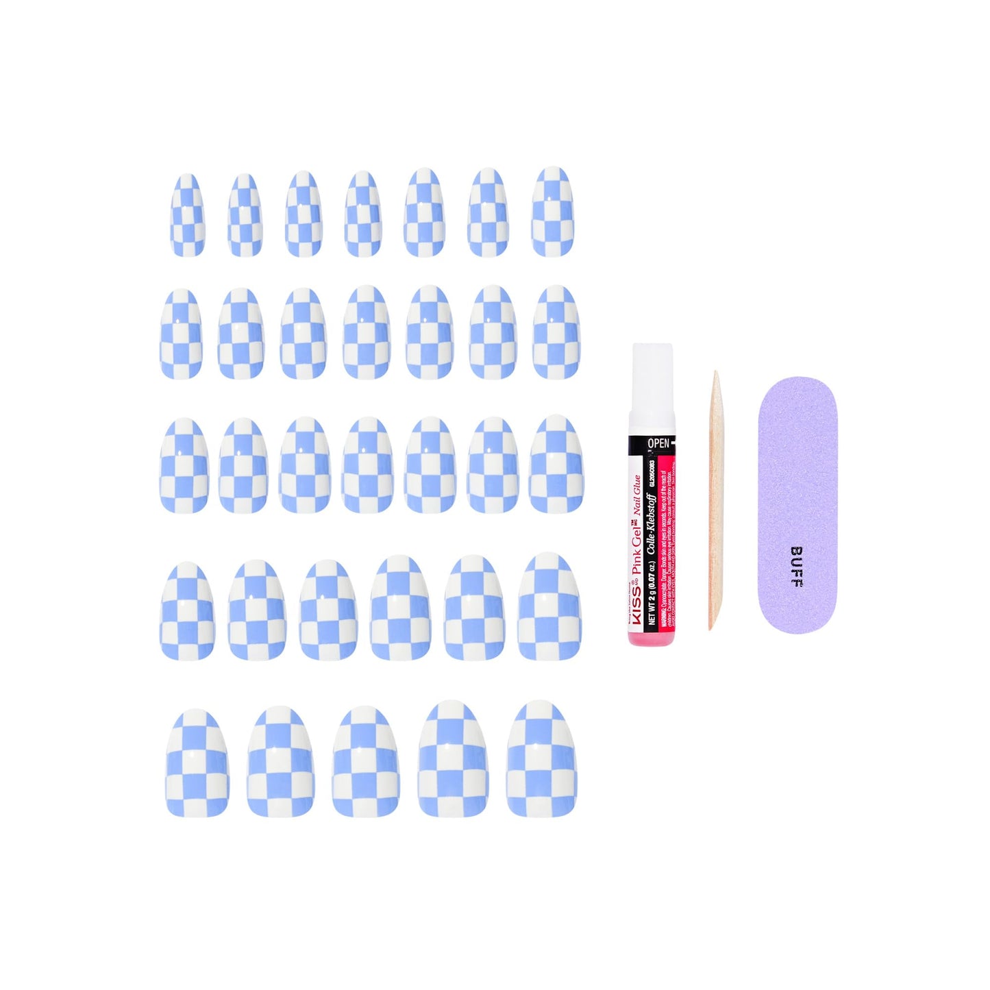 Kiss Core, Press On Nails, Nail glue included, 'Credit', Blue, Medium Size, Almond Shape, Includes 32 Nails, 2g Glue, 1 Manicure Stick, 1 Mini File
