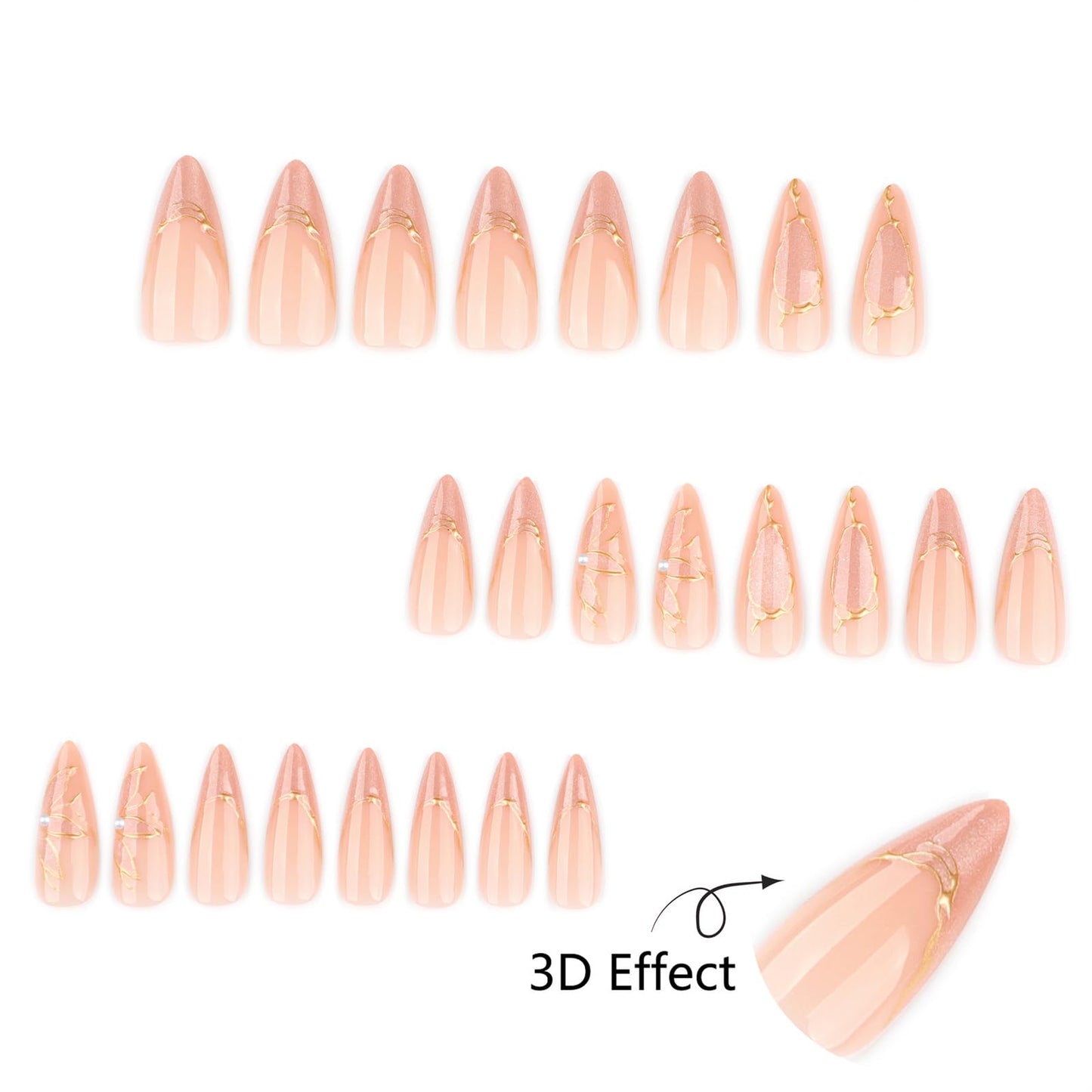 Mivota Medium Stiletto Press On Nails – Nude Pink with 3D Gold Chrome Design, 24PCS Acrylic Fake Nails Kit with Glue and Tools, Glamorous Glossy Stick On Nails for Women Party Wedding