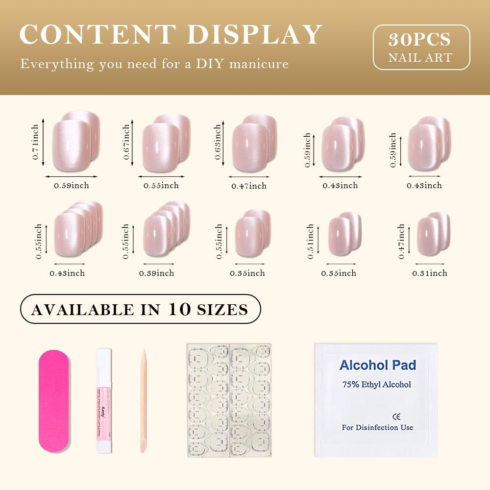 evpct Nude Cat Eye Short Press on Nails Square, Stick on Nails Short Square for Women Gift, Pearl White Metallic Glitter Glossy Reusable Spring Summer Soft Gel Press on Acrylic Fake Nail with Designs