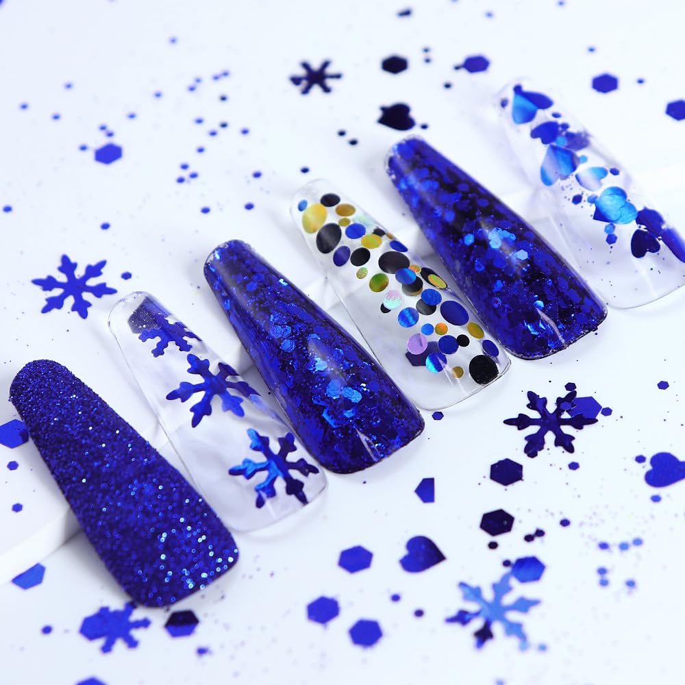 Christmas Nail Art Glitters Blue Nail Sequins, 6 Grids Winter Nail Glitter Sequins Mixed Snowflake Butterfly Heart Nail Glitter Flakes DIY Christmas Nail Art Decoration Accessories for Women Girls